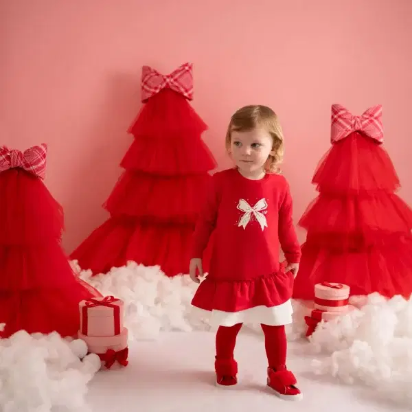 Little A Girls Katrina Red Frill Sweater Dress with White Frill & Bow